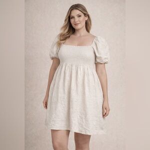 J.Crew‎ Plus Size 24 Linen Smocked Puff Sleeve Babydoll Dress Ivory NWT